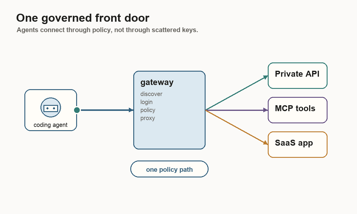 Animated diagram showing a coding agent calling private APIs, MCP tools, and SaaS apps through one governed gateway.