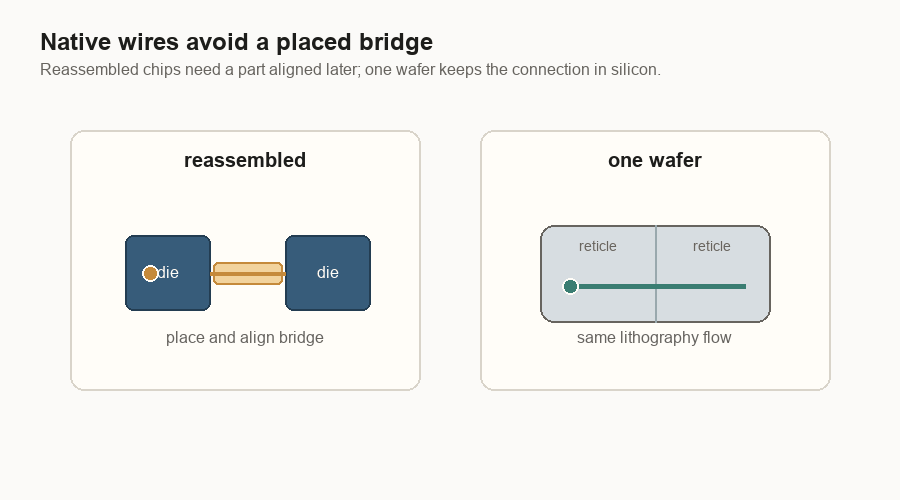 Animation comparing a signal crossing a placed bridge between two dies with a signal crossing a native wire inside one wafer.