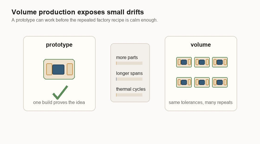 Animation contrasting one passing prototype package with many volume packages where small alignment and thermal problems start appearing.