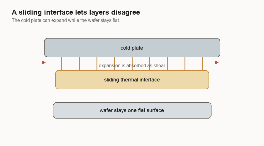 Animation showing a cold plate expanding while a sliding thermal interface absorbs the mismatch above a flat wafer.