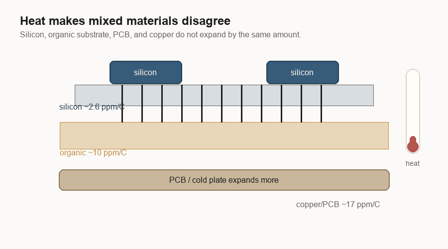 Animation showing silicon, organic substrate, and PCB layers expanding at different rates until the package bows and connections are stressed.