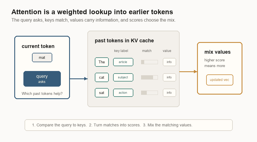 Animated diagram showing a current token query matching earlier token keys, weighting values, and mixing them back into the current vector.