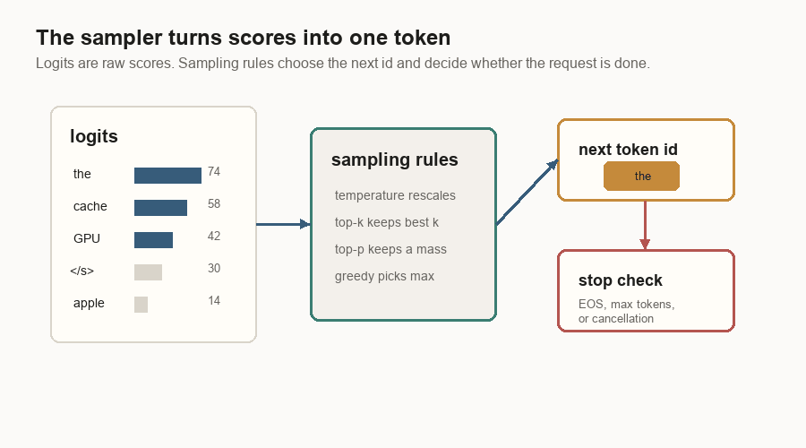 Animated diagram showing logits filtered by sampling rules, converted into a next token id, then checked for stopping.