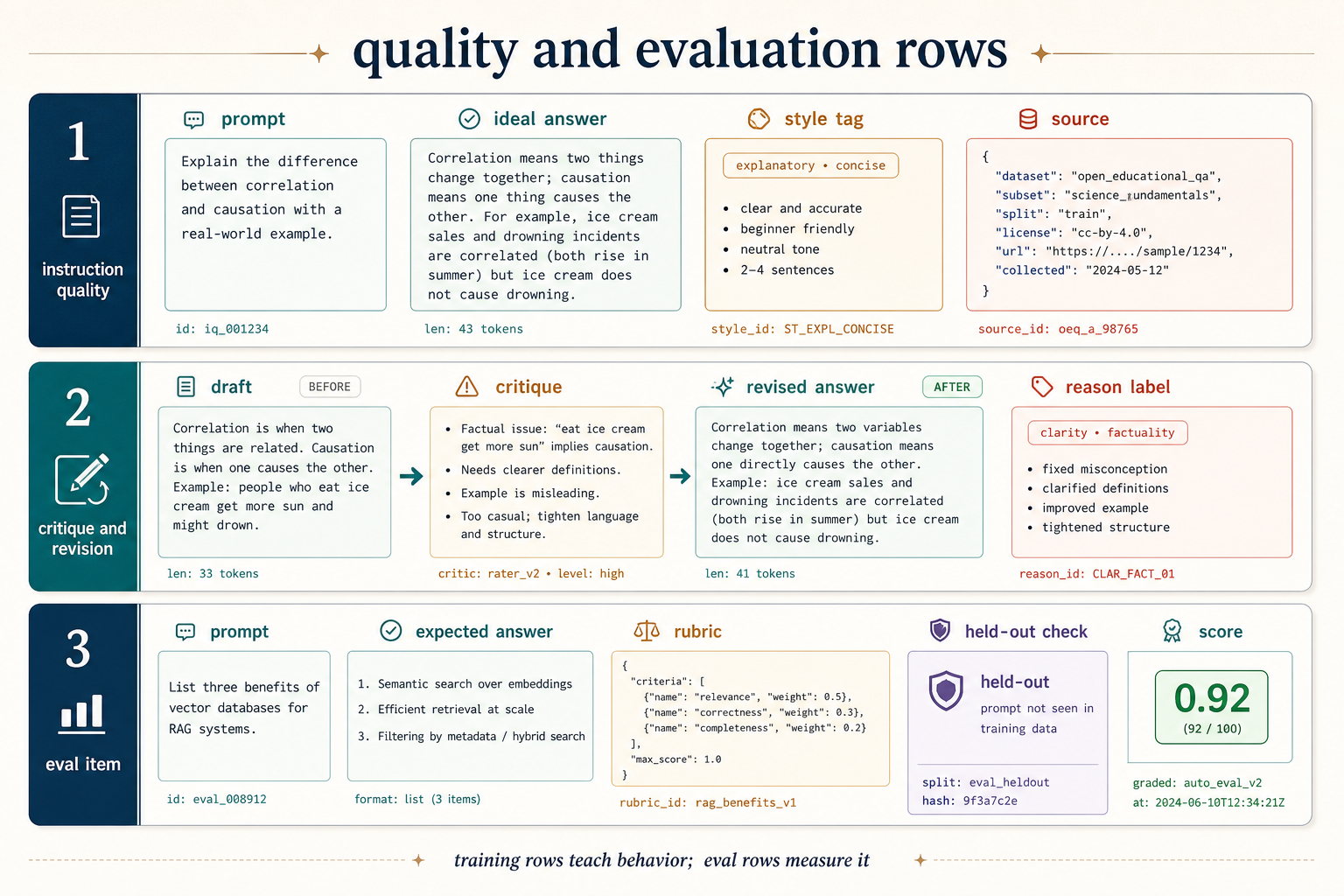 Data visualization showing instruction-quality, critique-and-revision, and held-out evaluation rows.