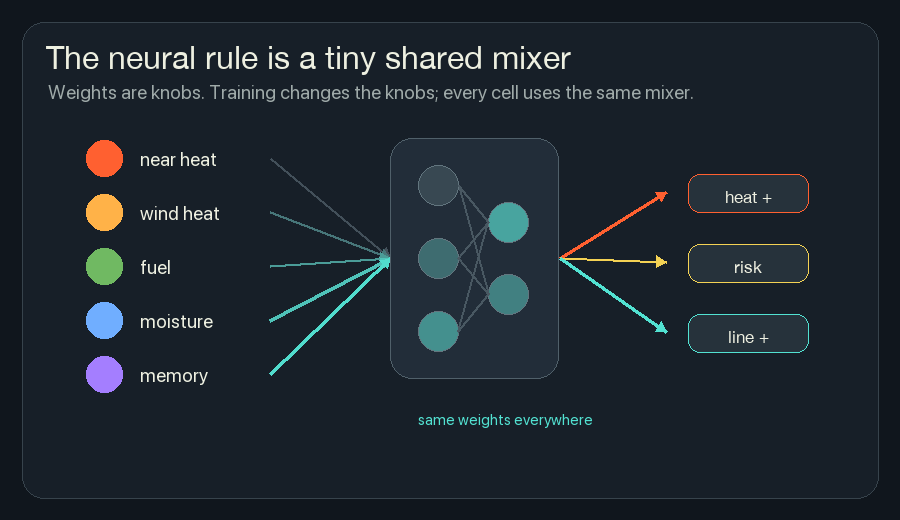 Animated diagram where local heat, wind, fuel, moisture, and memory flow through a tiny shared network to heat, risk, and line outputs.