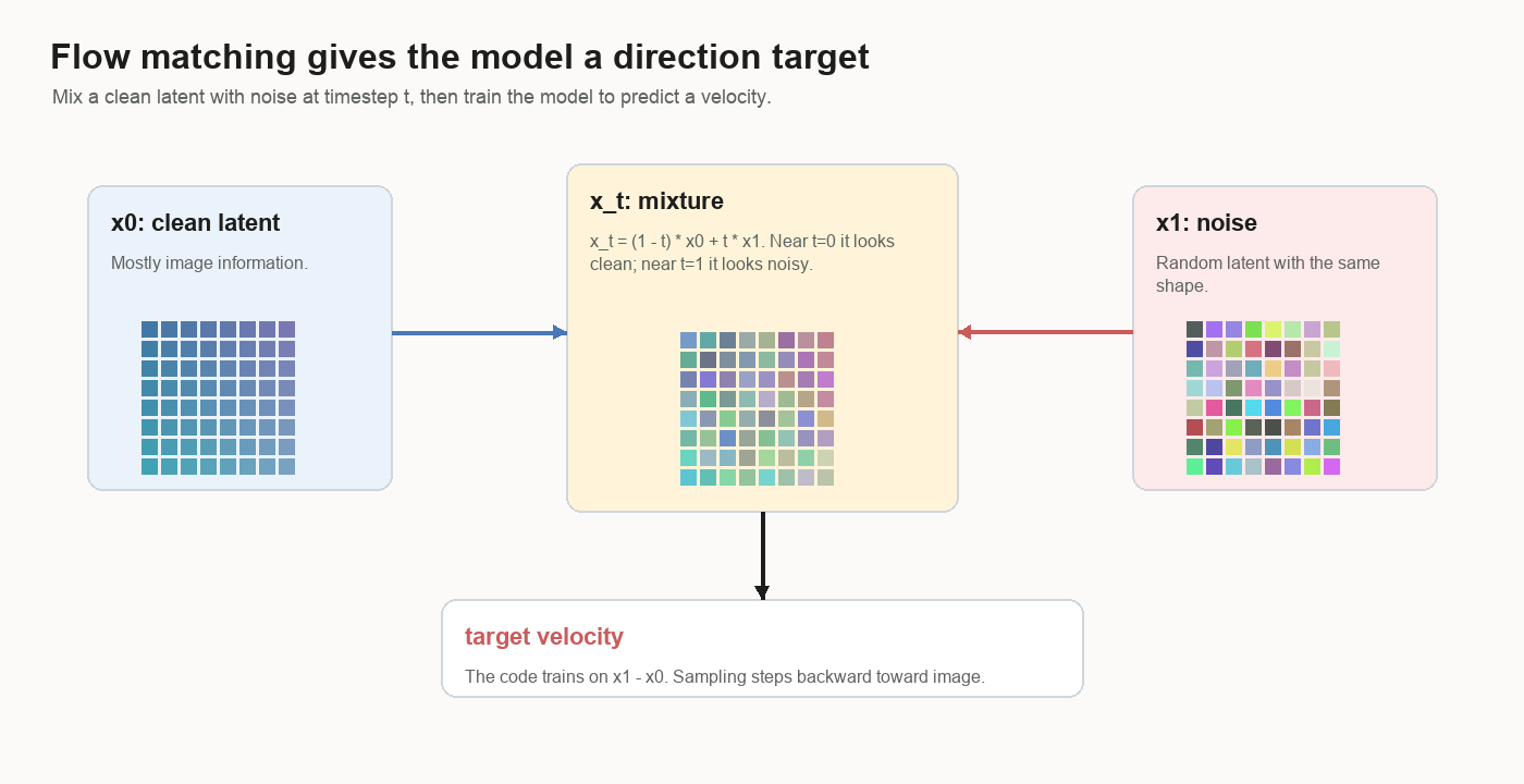Diagram showing x0 clean latent, x1 noise, x_t mixture, and target velocity x1 minus x0.