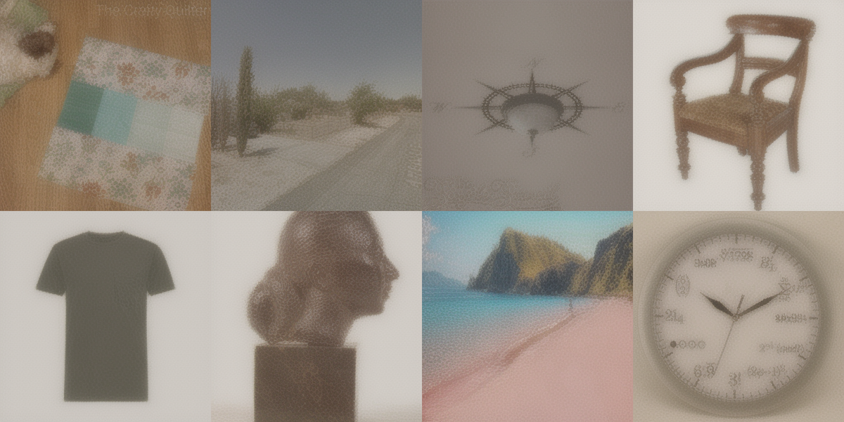Reference grid from the 512 example overfit subset, showing target images such as a dog near a quilt, a street, a chair, a shirt, a bust, a beach, and a clock.