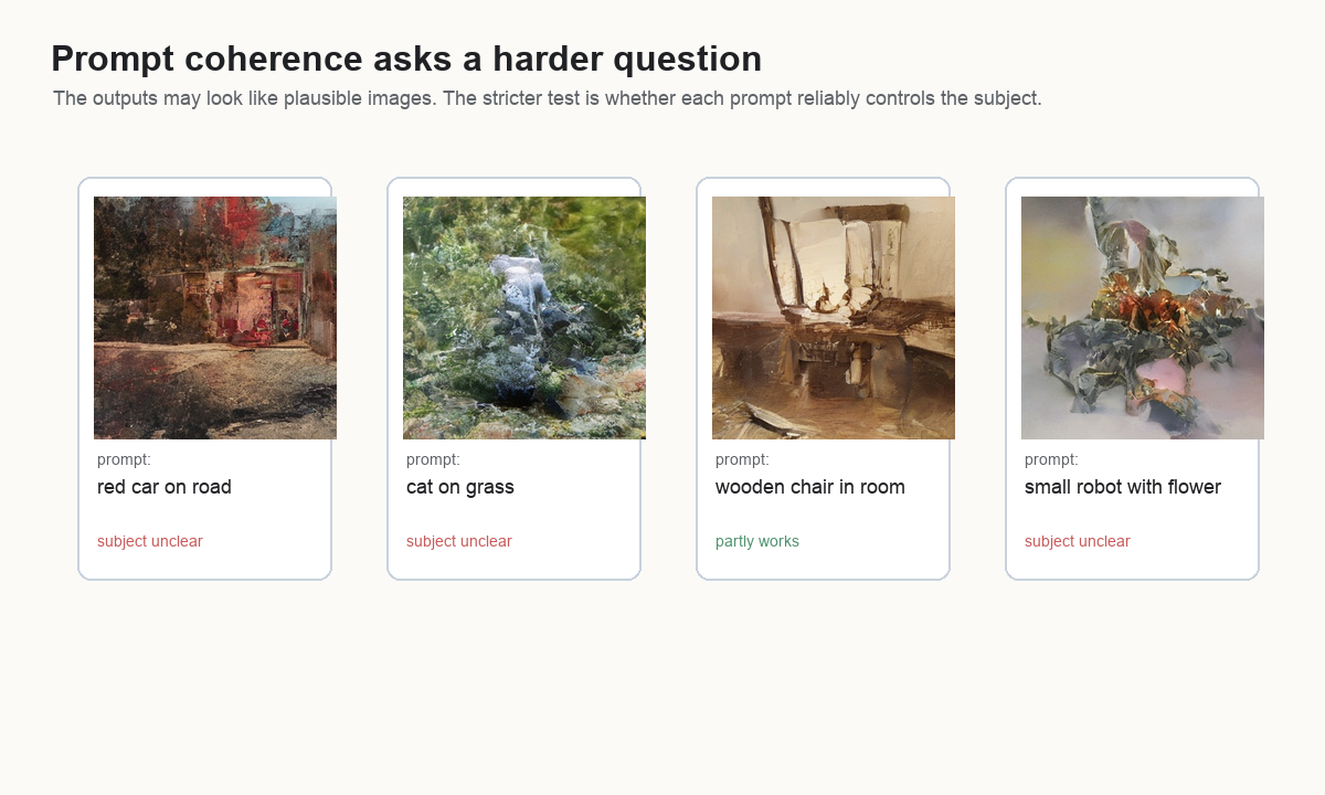 Diagram showing generated image-like samples next to prompts such as red car on road, cat on grass, wooden chair in room, and small robot with flower, with several subjects marked unclear.