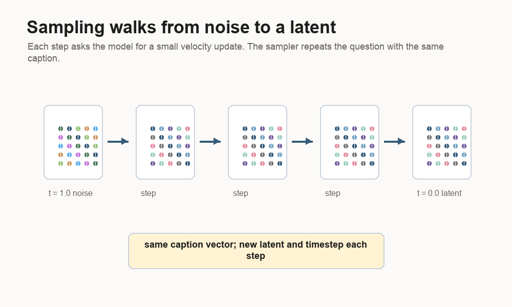 Animated diagram showing sampling as repeated steps from t equals 1 noise toward a t equals 0 image latent.